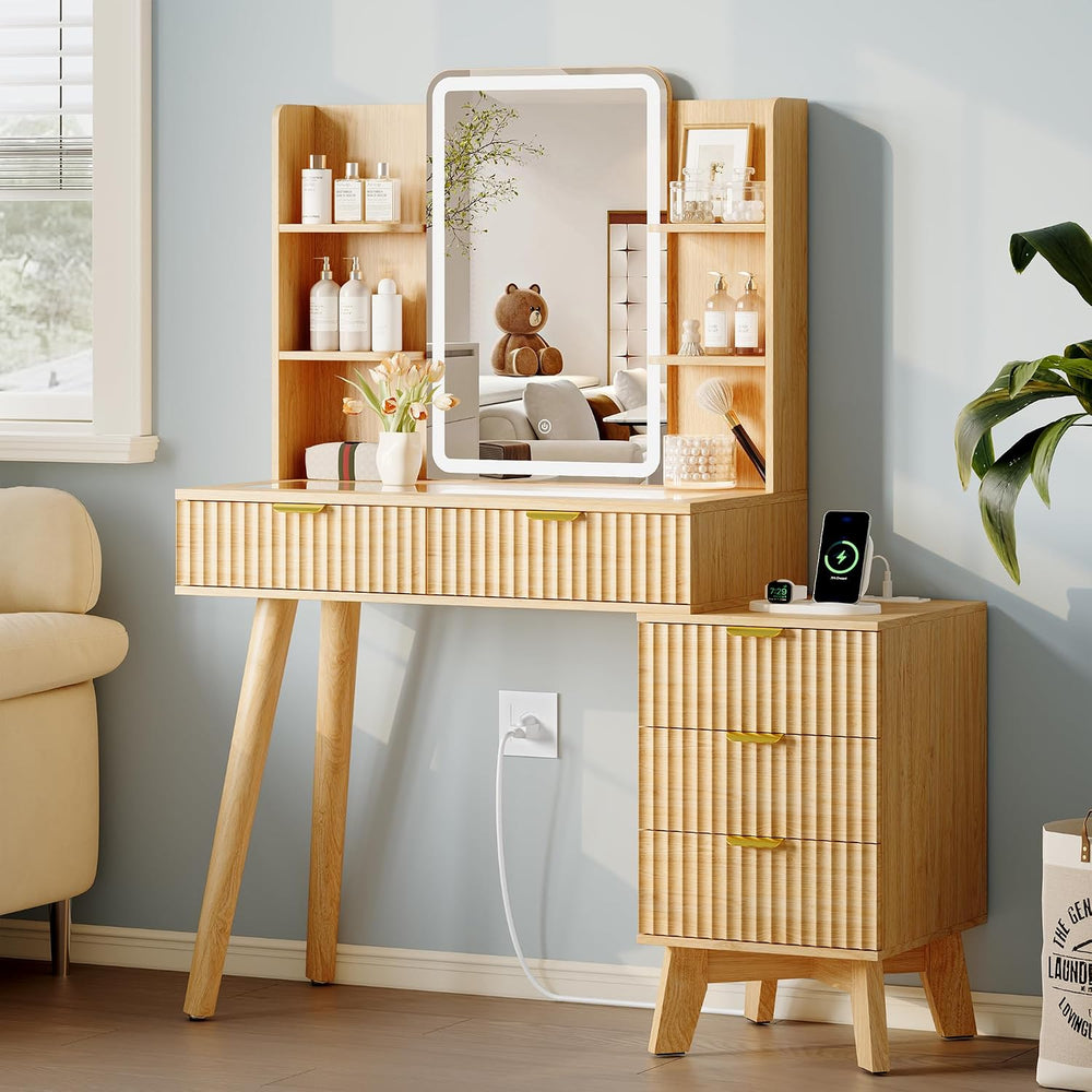 Vanity Desk With HD Lighted Mirror and Lights, Fluted Small Makeup Vanity wit...