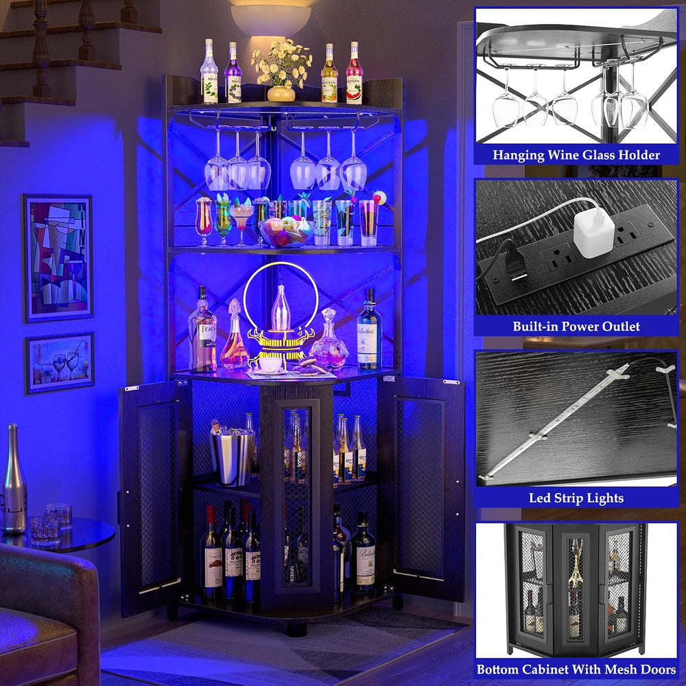 Aheaplus Corner Bar Cabinet with Power Outlet, Industrial Liquor Cabinet | 5-...