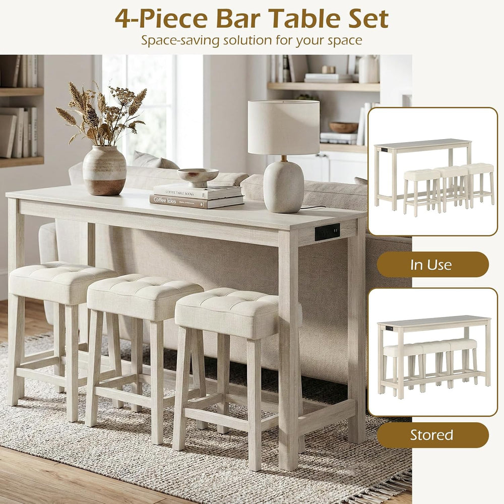 COSTWAY 4-Piece Breakfast Nook Bar Set with Built-in Charging Station | Count...