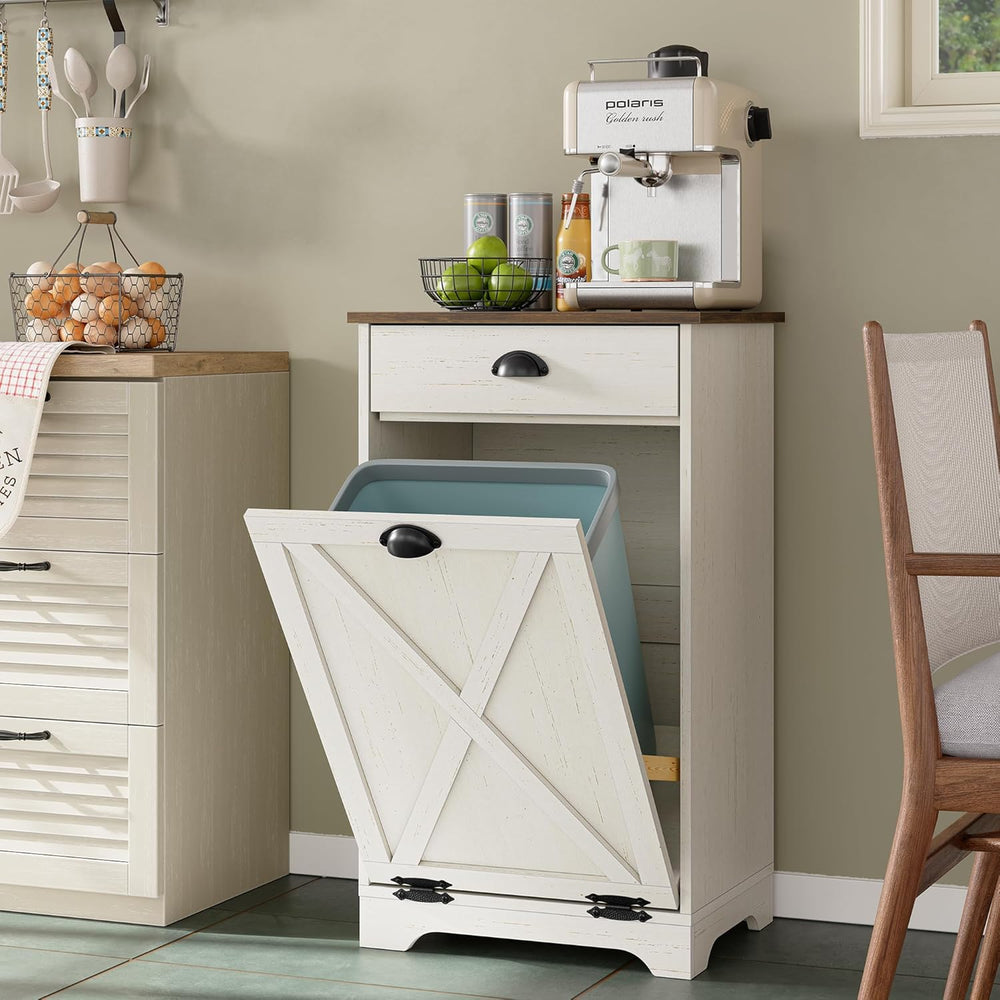 Furniouse Single Tilt Out Trash Can Cabinet with Drawer, 10 Gallon Wood Garba...