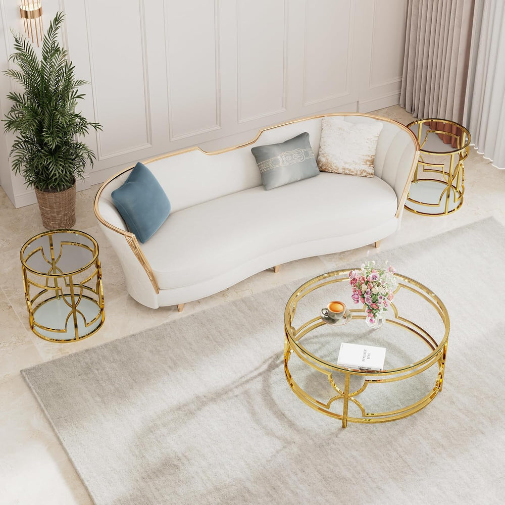 Polibi 19.7" Round Gold Metal End Table with Tempered Glass Top & 2-...