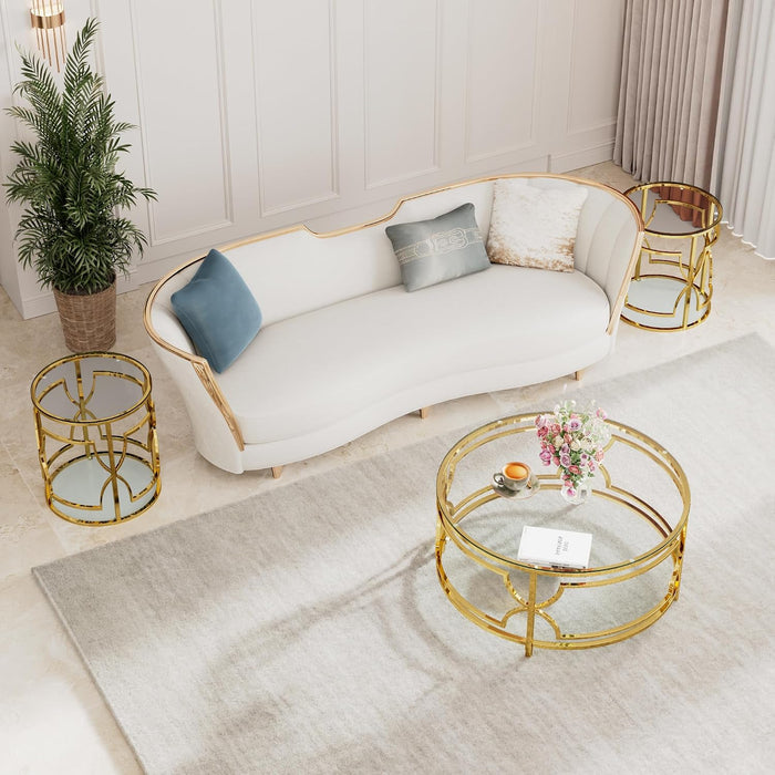 Polibi 19.7" Round Gold Metal End Table with Tempered Glass Top & 2-Tier Shelf, Luxury Side Table for Living Room, Bedroom, Small Apartment, Office (Transparent)