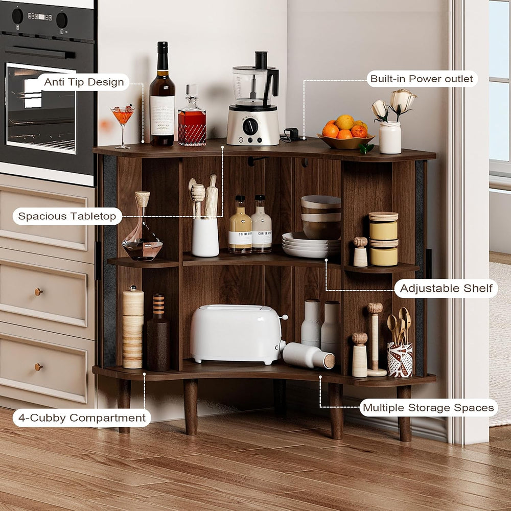 wanan Wood Fluted Corner Cabinet with Built-in Outlets, Triangle Storage Cabi...