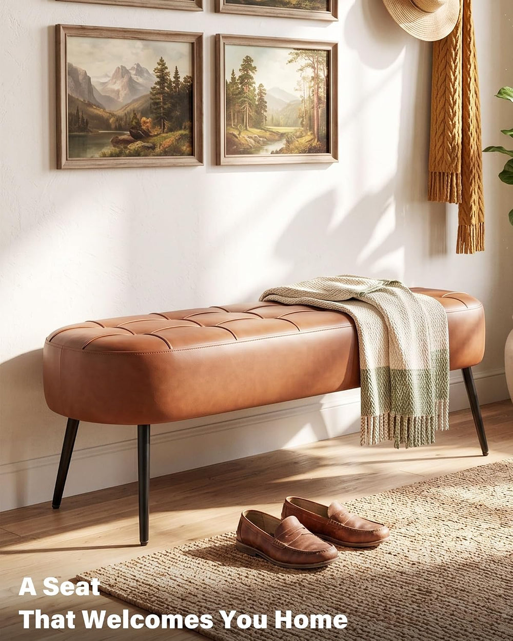 Entryway Bench, Modern PU Leather Upholstered End of Bed Bench Brown