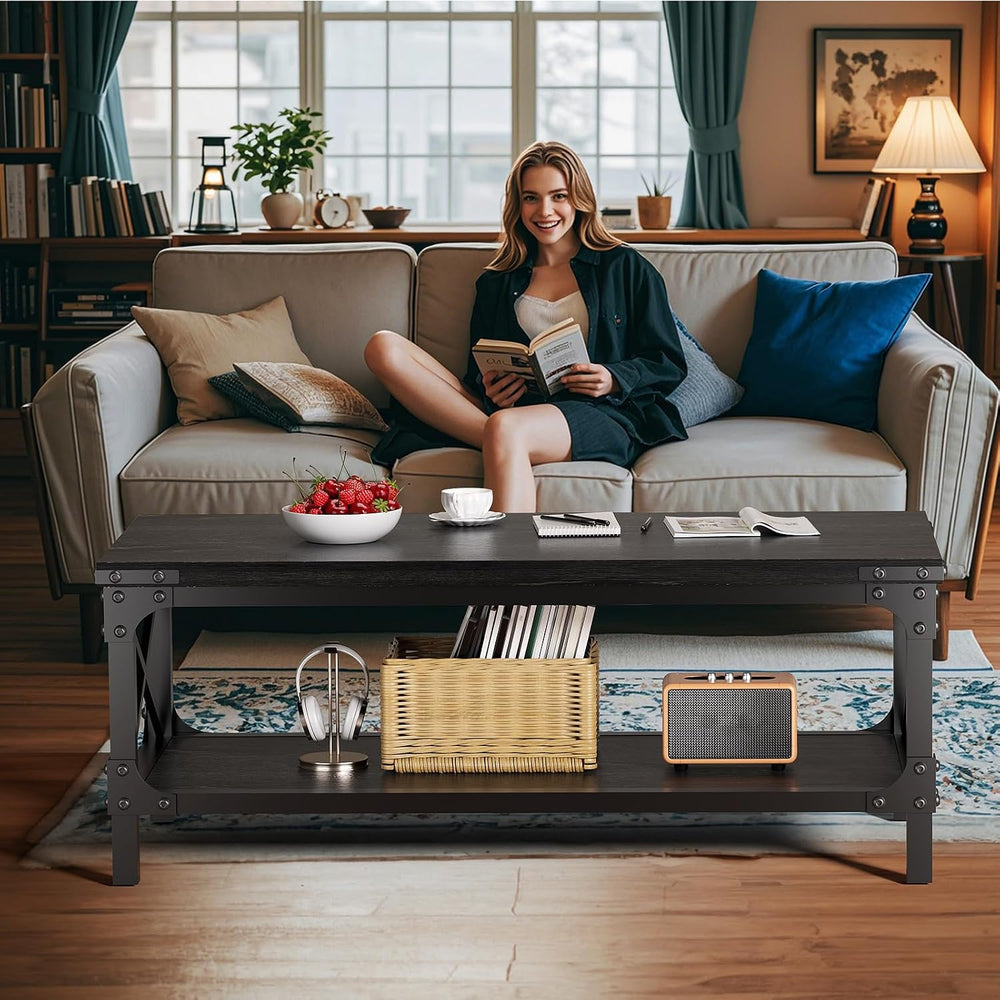 Rectangle Coffee Tables for Living Room, Wood Rectangular Coffee Table, 2 Tie...