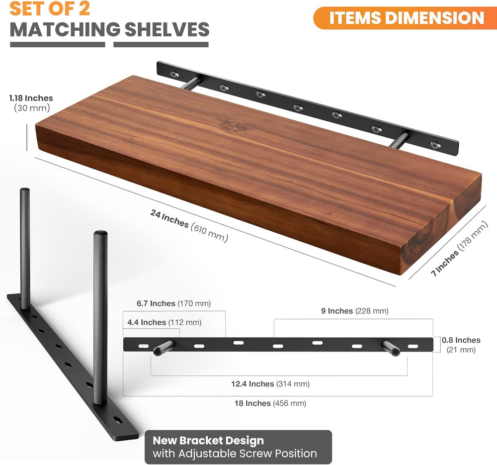 BATODA Set of 2 24" Acacia Wood Floating Shelves Wall Mounted – Rustic F...