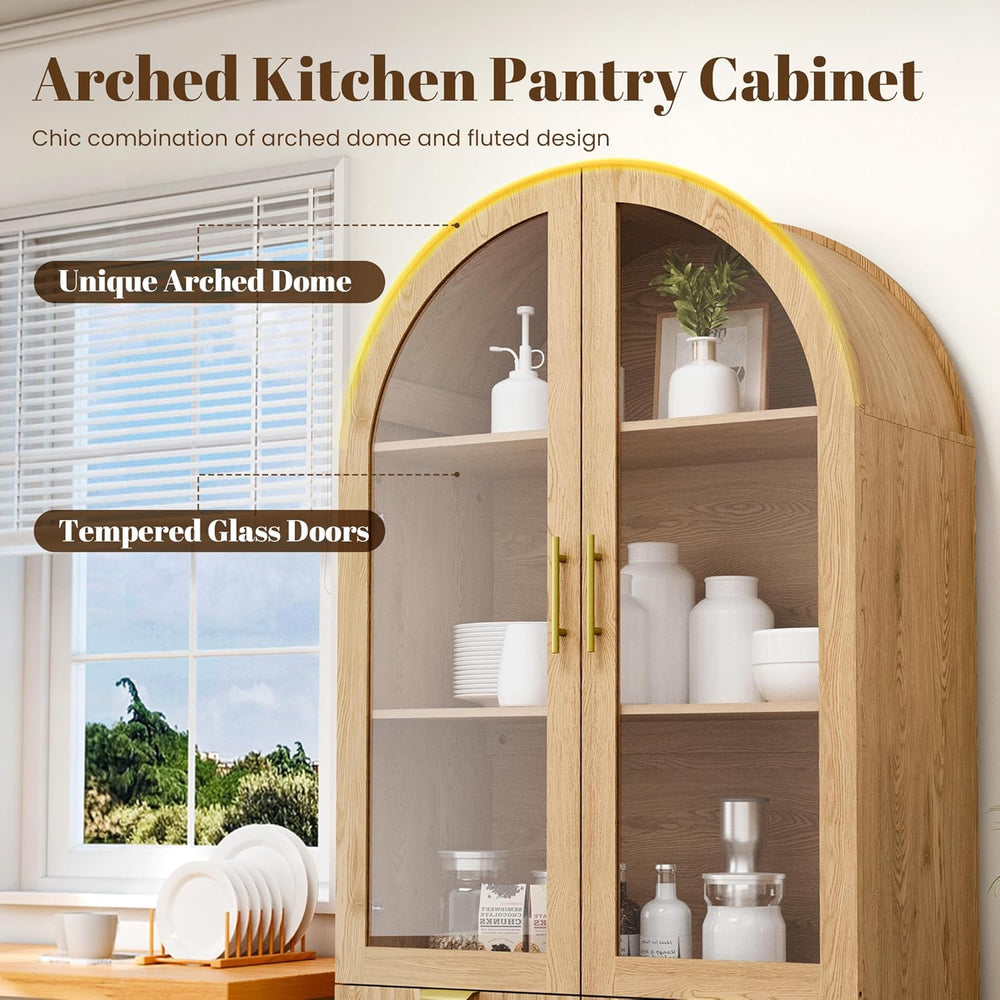 Pamapic 71" Tall Arched Cabinet, Fluted Kitchen Pantry with Glass Doors ...