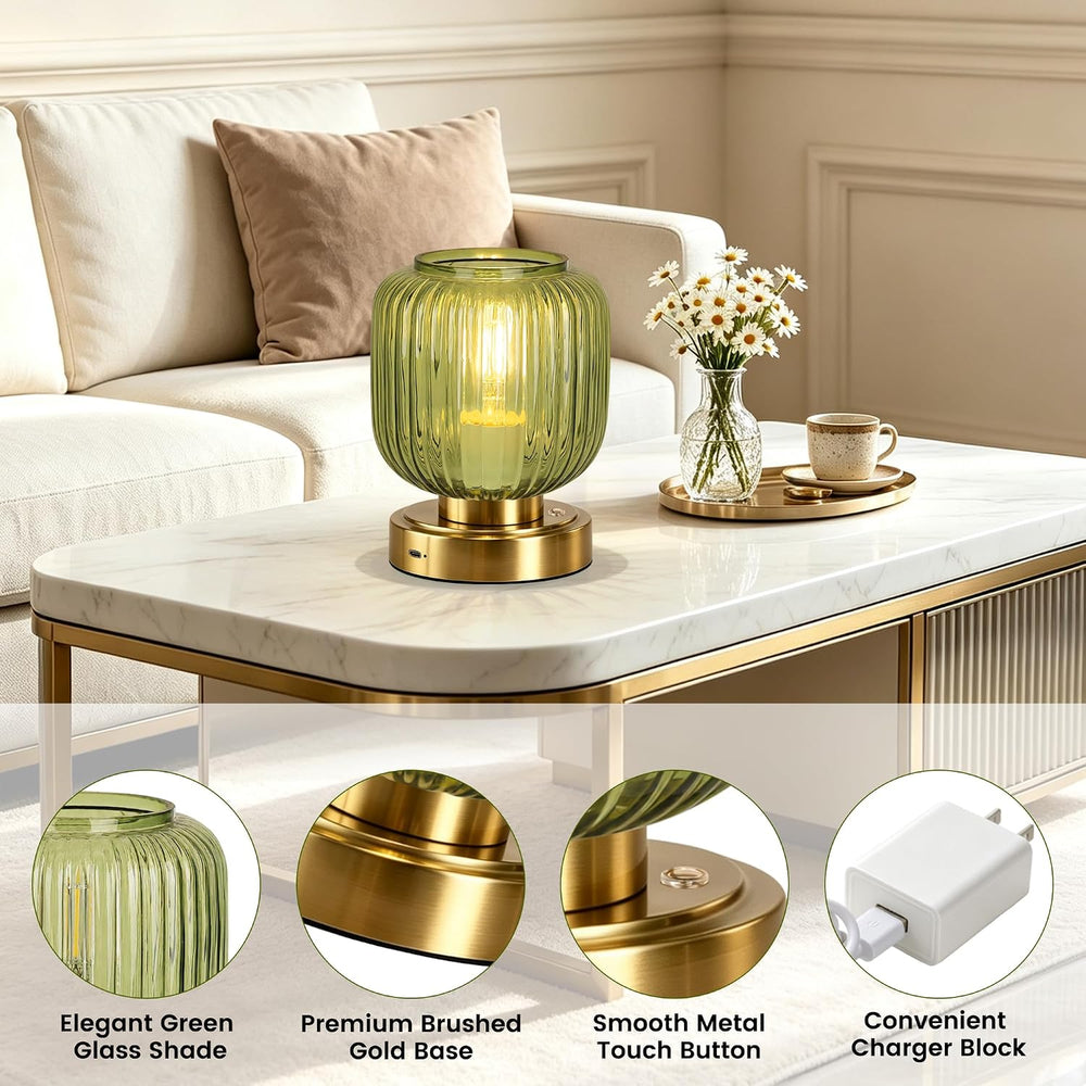 Cordless Table Lamp for Living Room, Small Green Glass Lamp for Bedroom