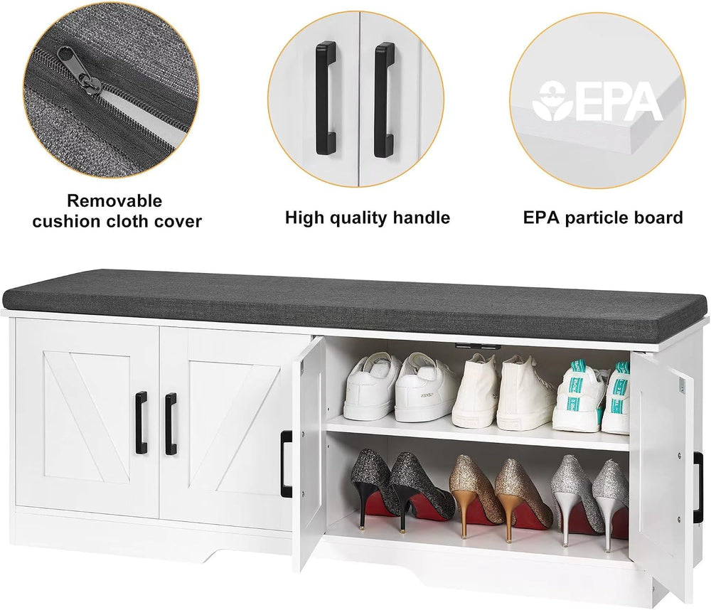 HOMSHO Farmhouse Shoe Storage Bench with 4 Barn Doors & Padded Seat Cushi...