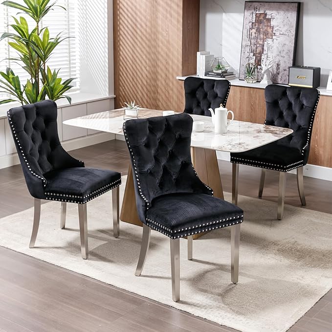 Luxury Upholstered Dining Chairs Set of 4, Black Kitchen Chair with Silver Me...