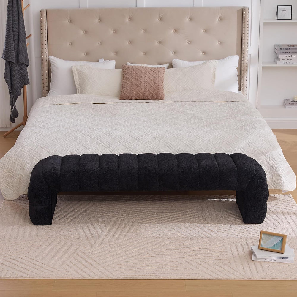 Sophisticated 69.7” Wide Black Upholstered Armless Bed Bench, Modern Channel ...
