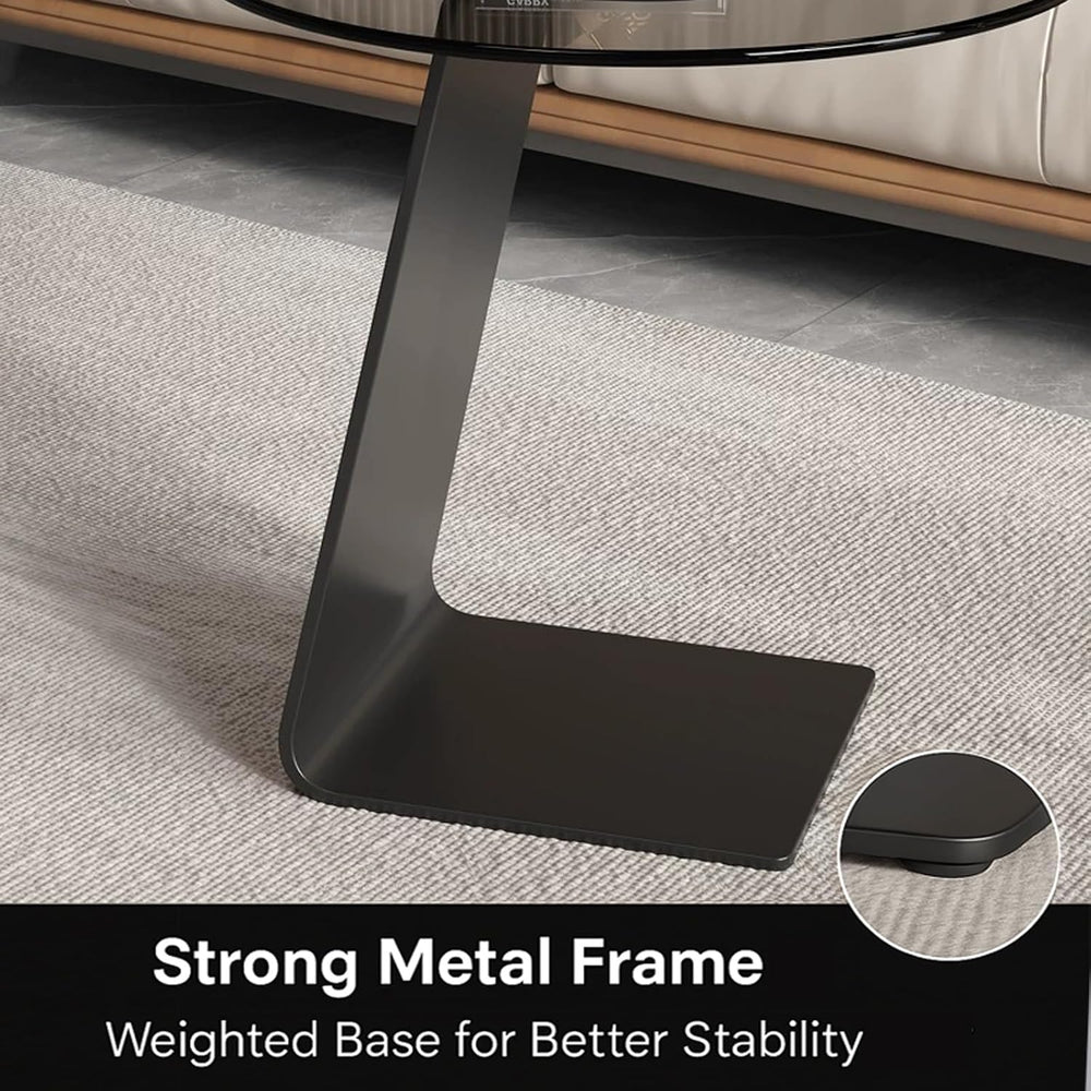 Modern C-Shaped End Table, Tempered Glass Tabletop Couch Side Table, Black Ro...