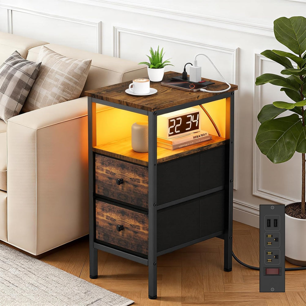 Lewondr End Table with Charging Station and LED Light, Narrow Side Table with...