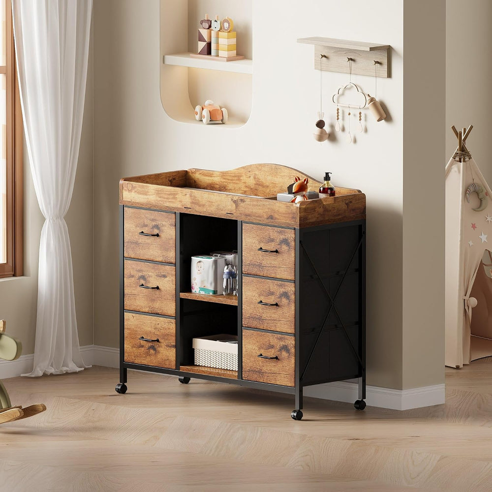 YeTom Changing Table, 6-Drawer Dresser, Adjustable Shelves, Rustic Brown