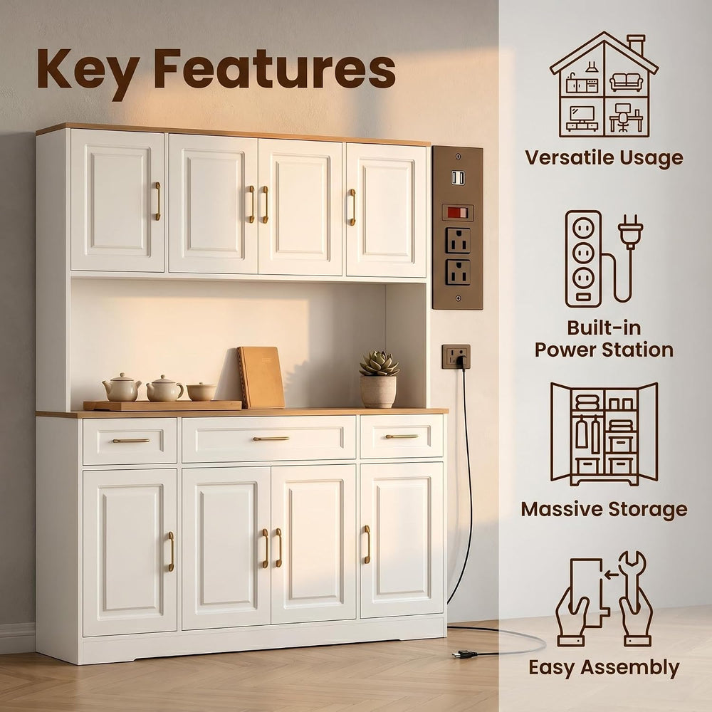 71" Tall Farmhouse Kitchen Pantry Cabinet, 55" Wide Storage Hutch w...