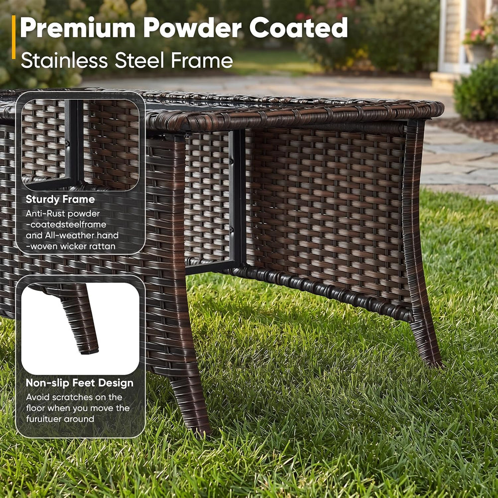 Belord Outdoor Coffee Table with Tempered Glass Top, Patio Rectangular Brown ...