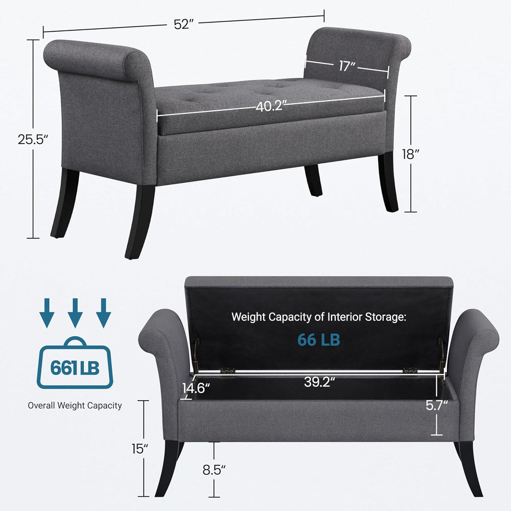 Yaheetech 52" Storage Ottoman Bench for Bedroom, Rolled Arm, Dark Gray