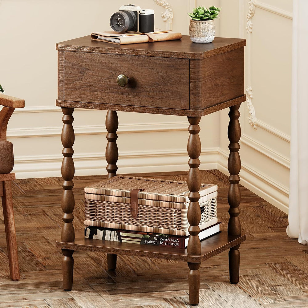 Yoobure Small Side Table with Drawer - Walnut Night Stand with Wood Legs