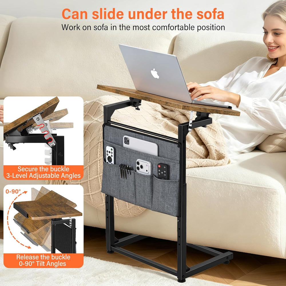 Small C Shaped End Table Set of 2, Slide Under Sofa Adjustable Height Side Ta...
