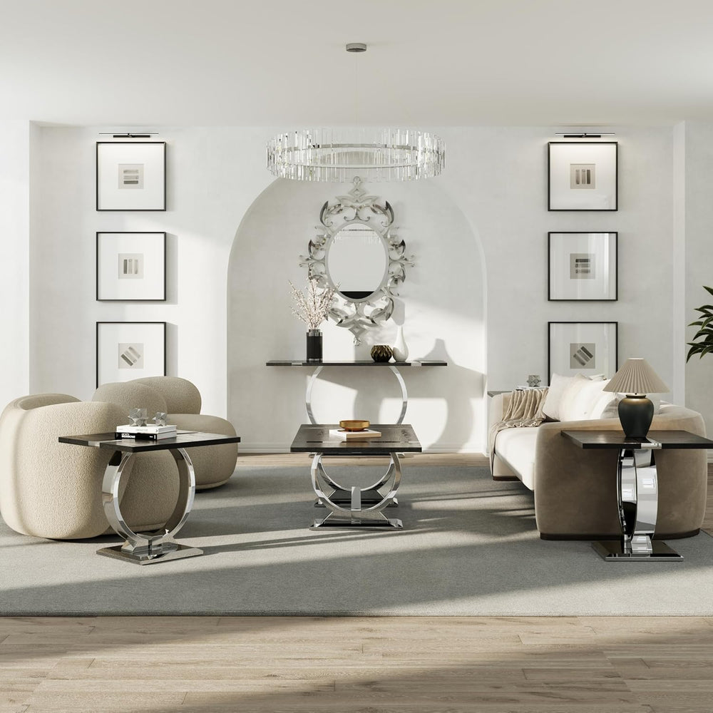 Asday End Table Set of 2, Luxury Side Table Set, Black and Chrome End Table w...