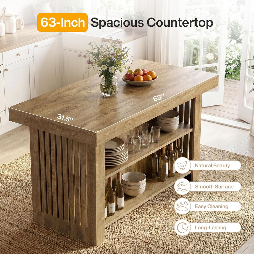 Tribesigns Kitchen Island with Storage, Wooden Farmhouse Island Table | 63 In...