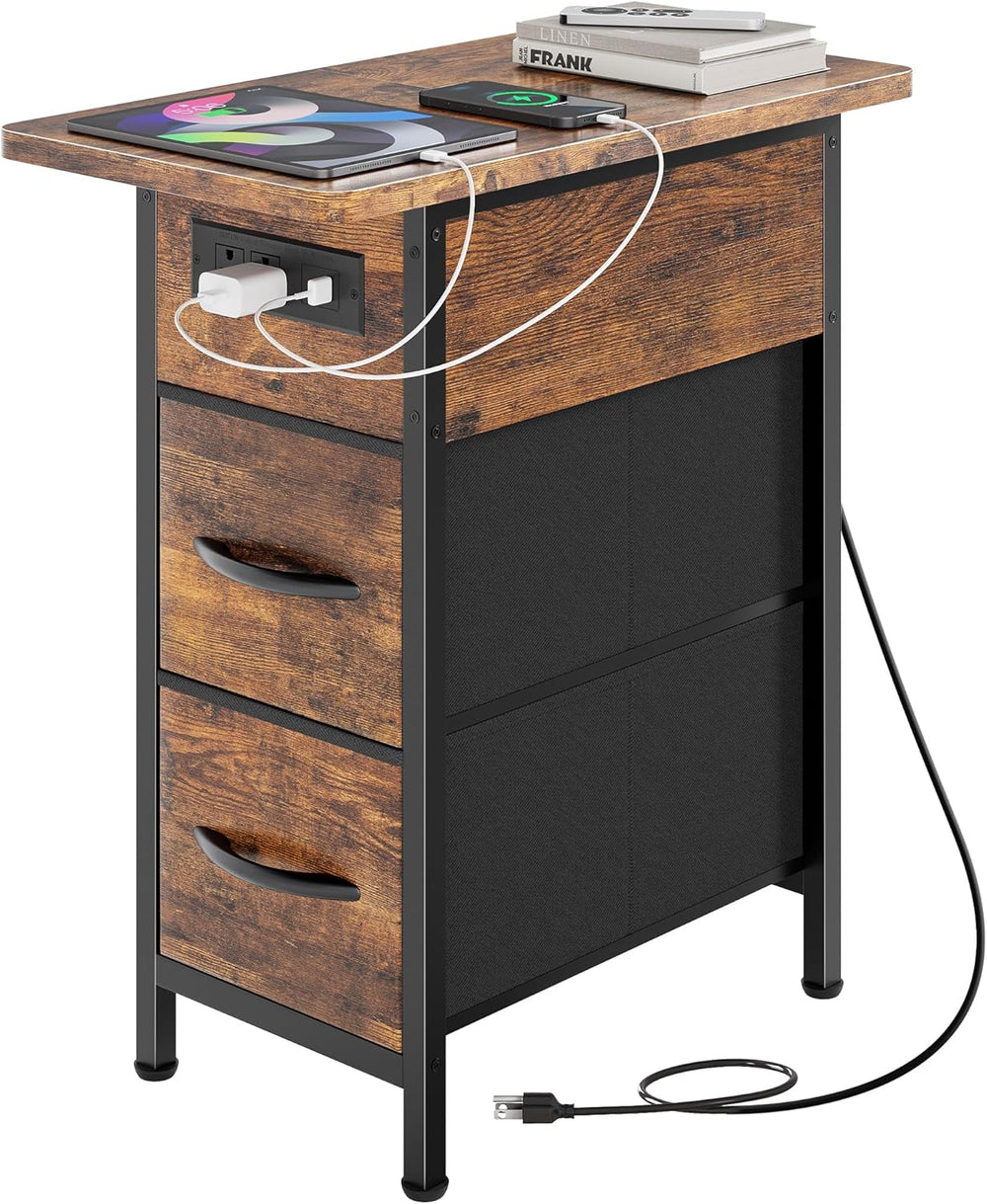 Huuger Narrow End Table with Charging Station, Side Table with 2 Drawers