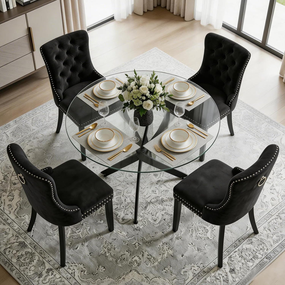 Dining Table Set for 4, Round Glass Kitchen Table with 4 Black Upholstered Ve...
