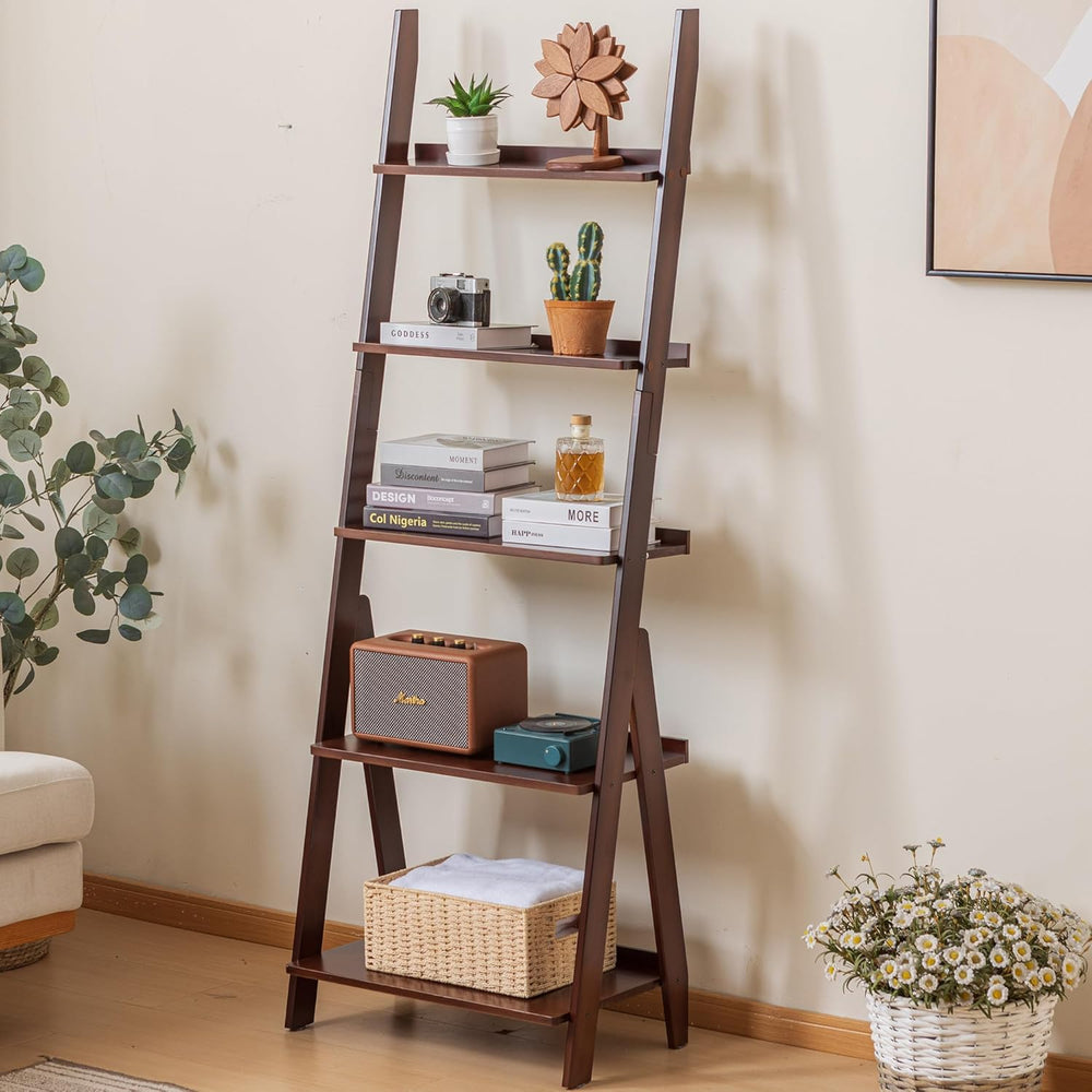 DOUSY-5-Tier Ladder Shelf Bookcase, Bamboo Ladder Bookshelf Leaning Book Shel...