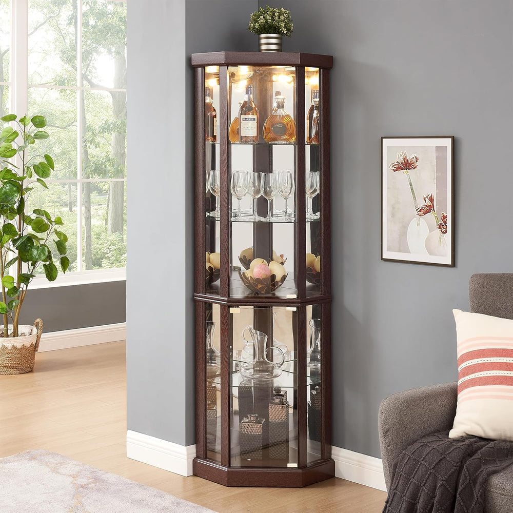 69" H Lighted Corner Display Cabinet, Curio Corner Glass Cabinet w/Adjus...