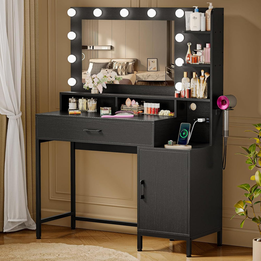 Driftalia Black Makeup Vanity Desk with Mirror and Lights for Bedroom | Integ...