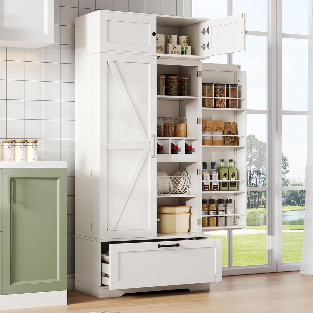 Tall Kitchen Pantry Cabinet, 72" Freestanding Storage Cupboard with Wine...