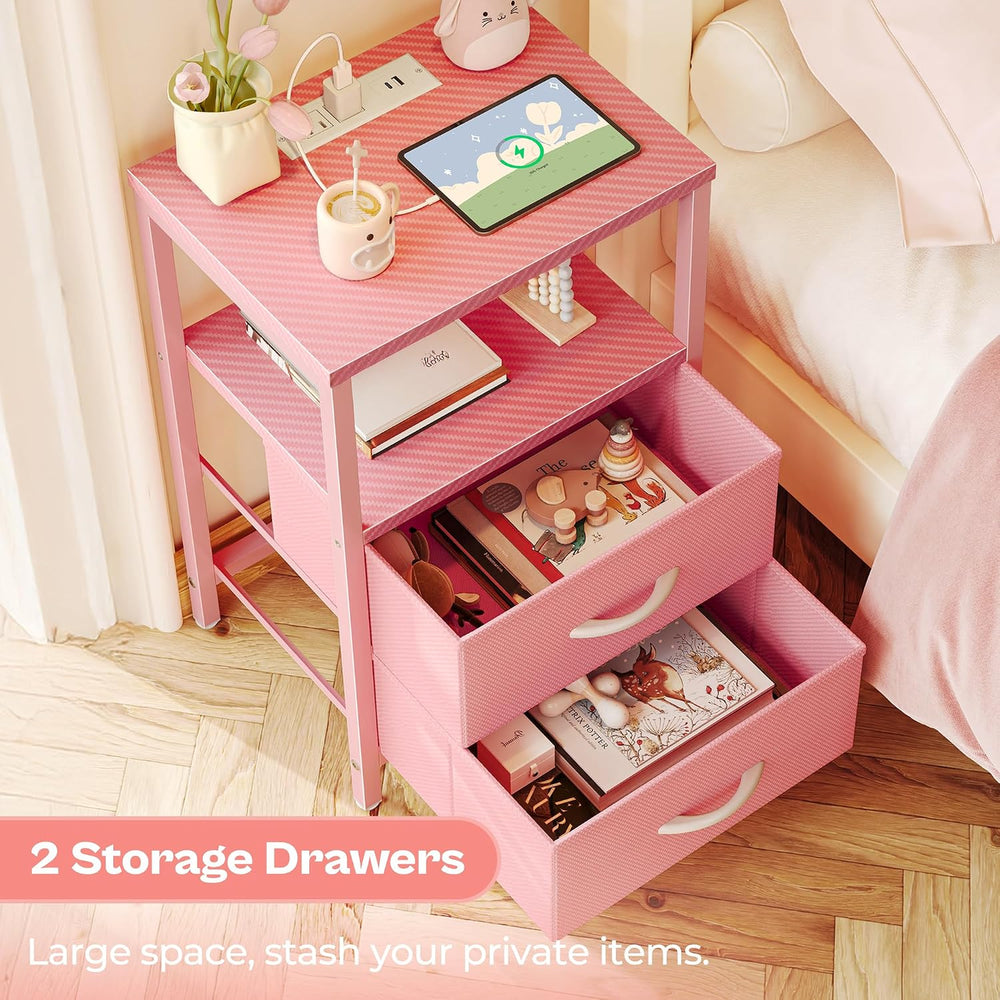 Huuger Nightstand with Charging Station, Side Table with Fabric Drawers, End ...
