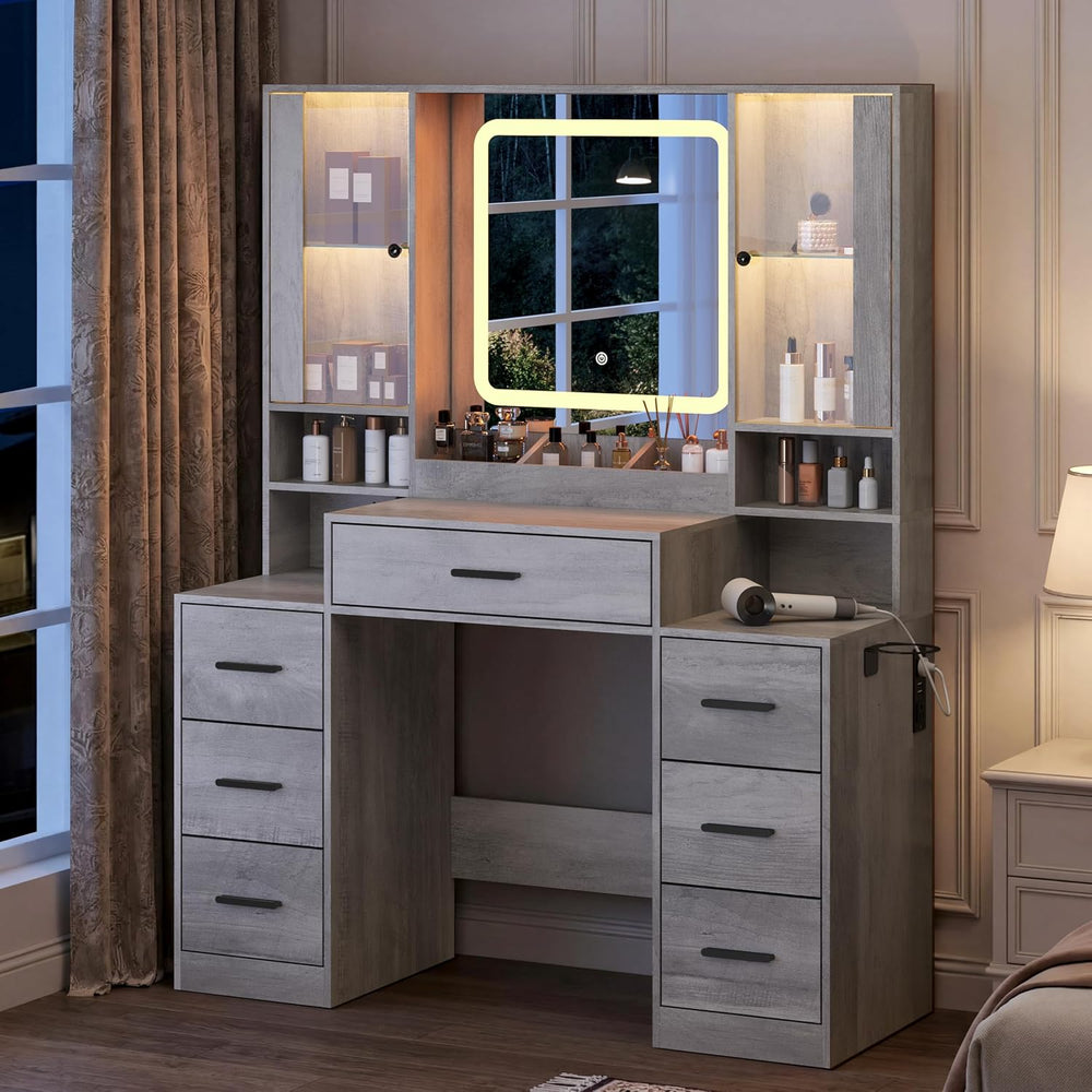 BORNOON Vanity Desk with Mirror and Lights, Makeup Vanity with 7 Drawers, 2 G...