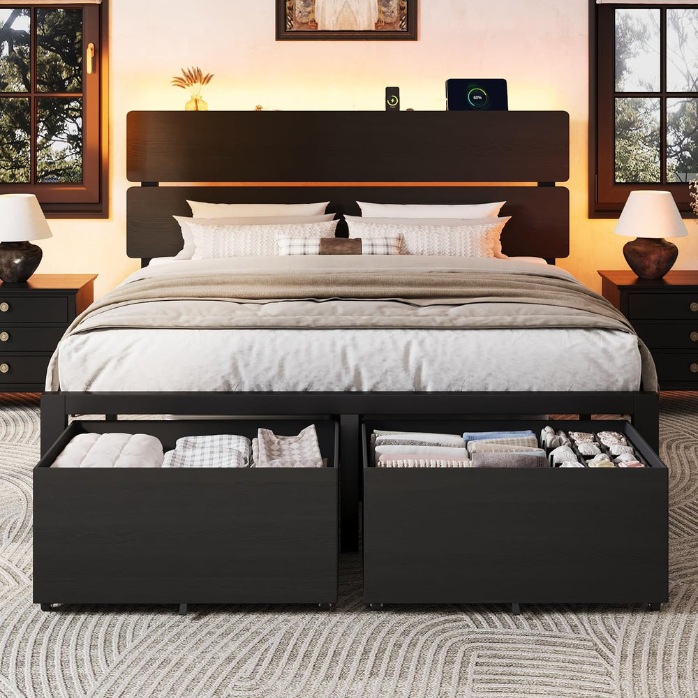 SHA CERLIN Queen Led Bed Frame, 2 Storage Drawers, Charging Station, Black