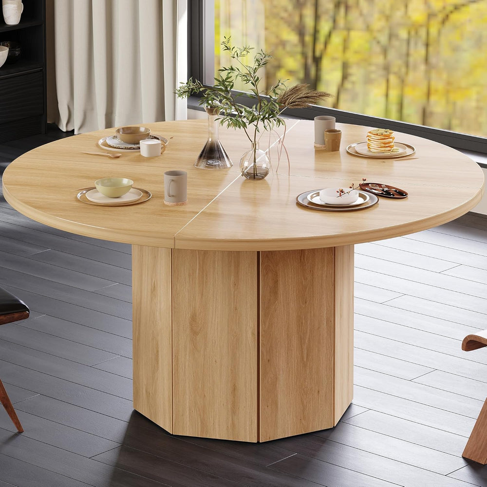 HSH 47” Round Dining Table for 4, Modern Farmhouse Wood Dinner Table with Oct...