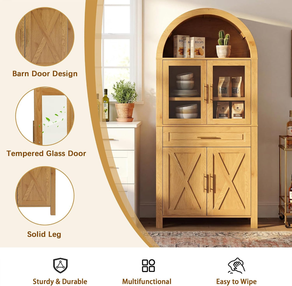 Polibi 71" Tall Arched Kitchen Pantry Cabinet with Glass Doors,Farmhouse...