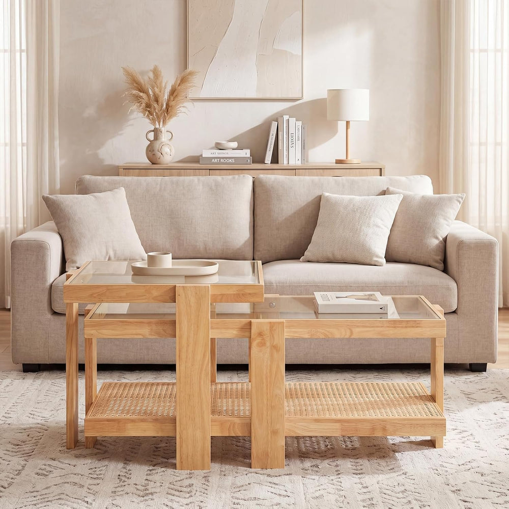 Giantex Nesting Coffee Table Set of 2, Boho Rattan Accent Table with Tempered...