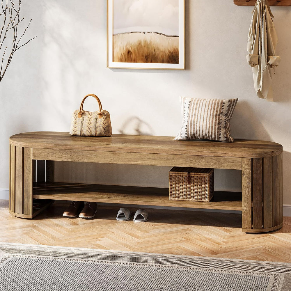 Tribesigns 63" Wooden Entryway Bench with Shoe Storage, Long 2-Tier Narr...