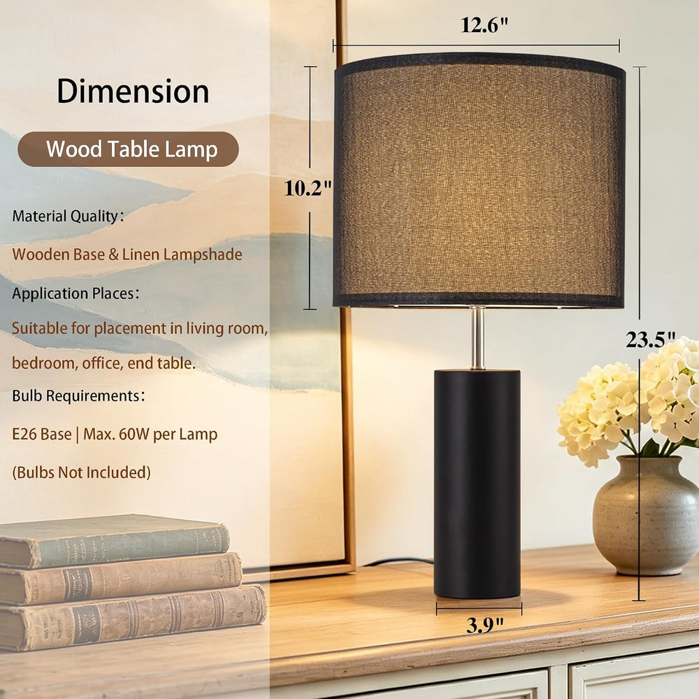 23.5" Modern Wood Table Lamps for Bedroom Living Room, Set of 2, Black