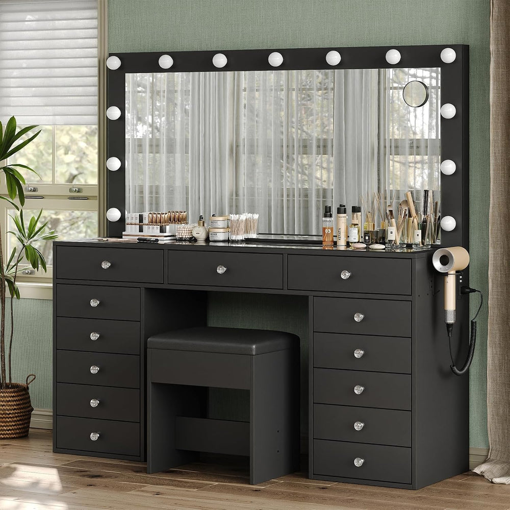 FUSOU Makeup Vanity with Power Outlet & Lighted Mirror, 13 Drawers Vanity...