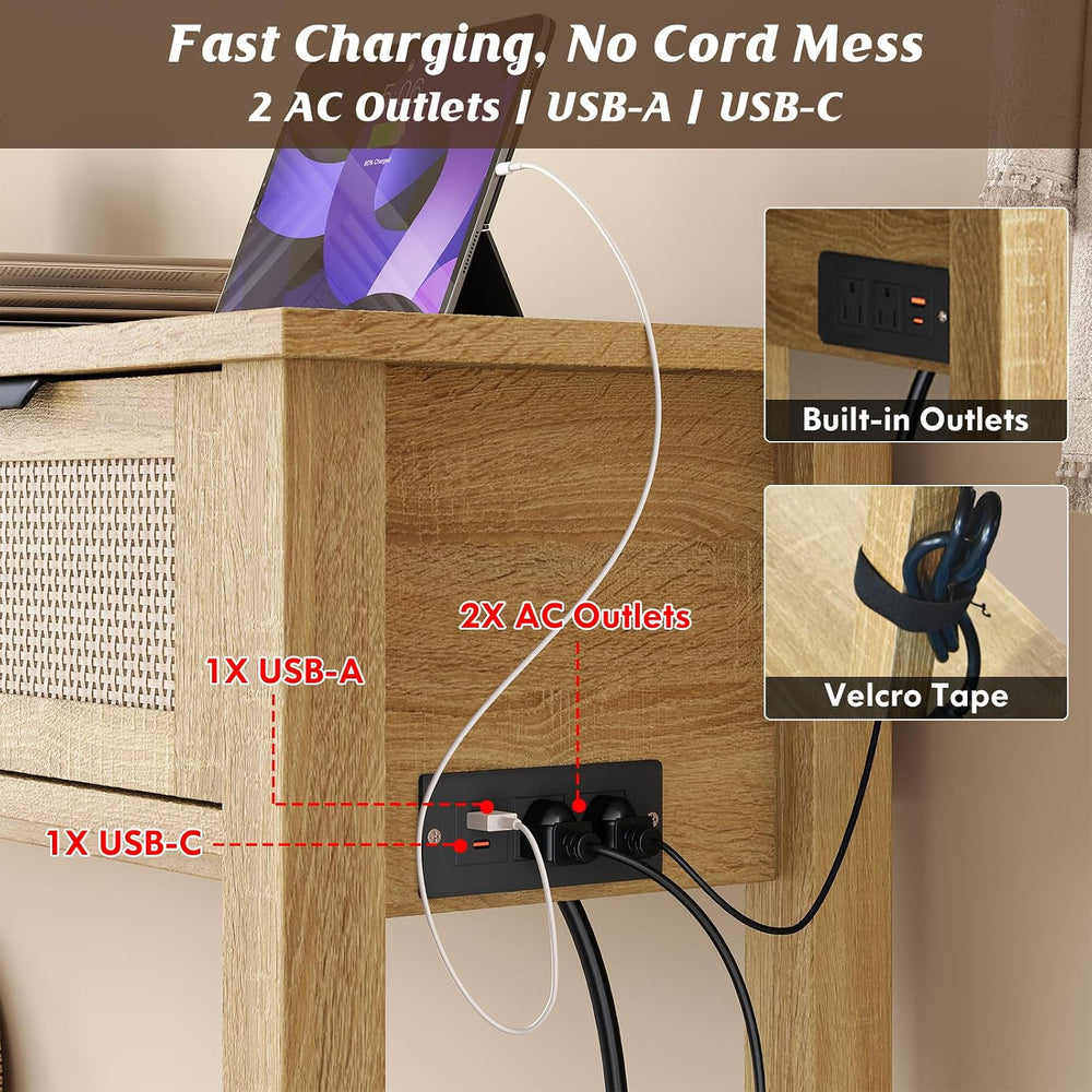 Luoxiao Entryway Table with Outlets & USB-C, 3 Drawers Rattan Console Tab...