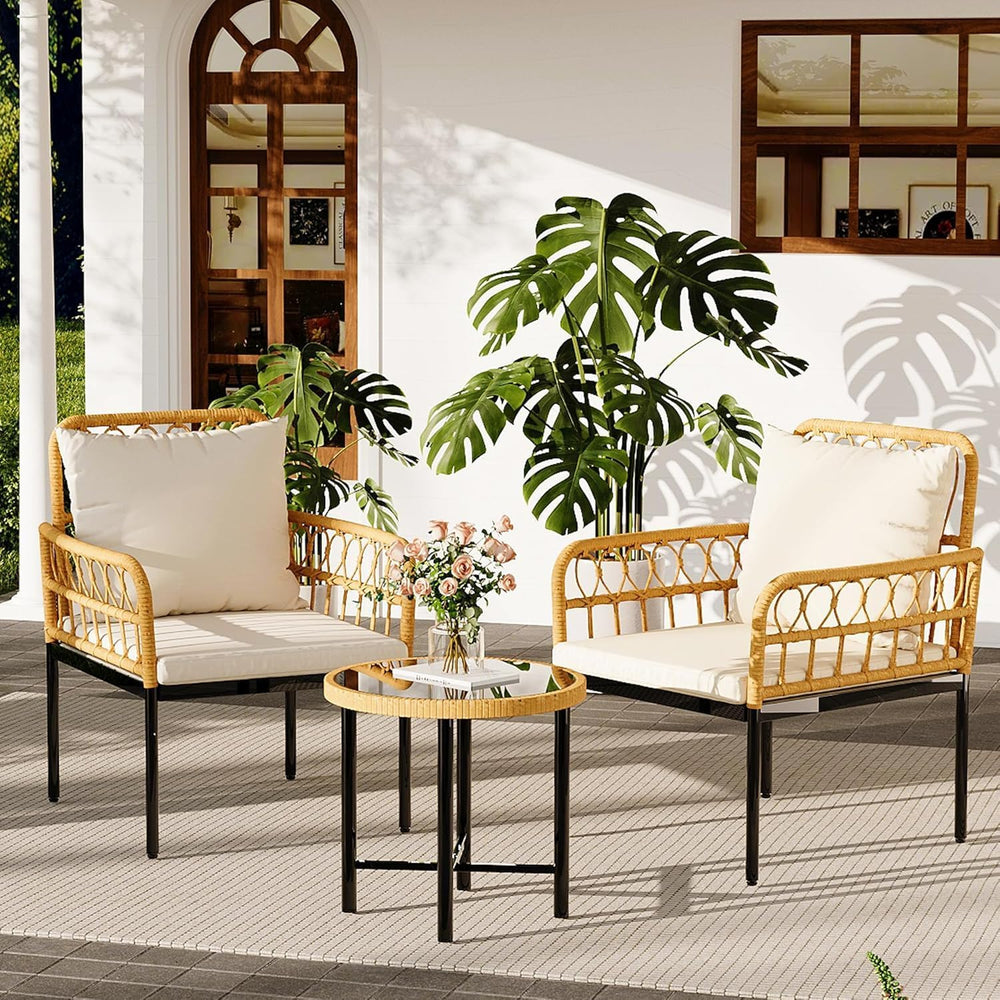 3-Piece All-Weather Wicker Rattan Bistro Patio Furniture Set with Glass Table...