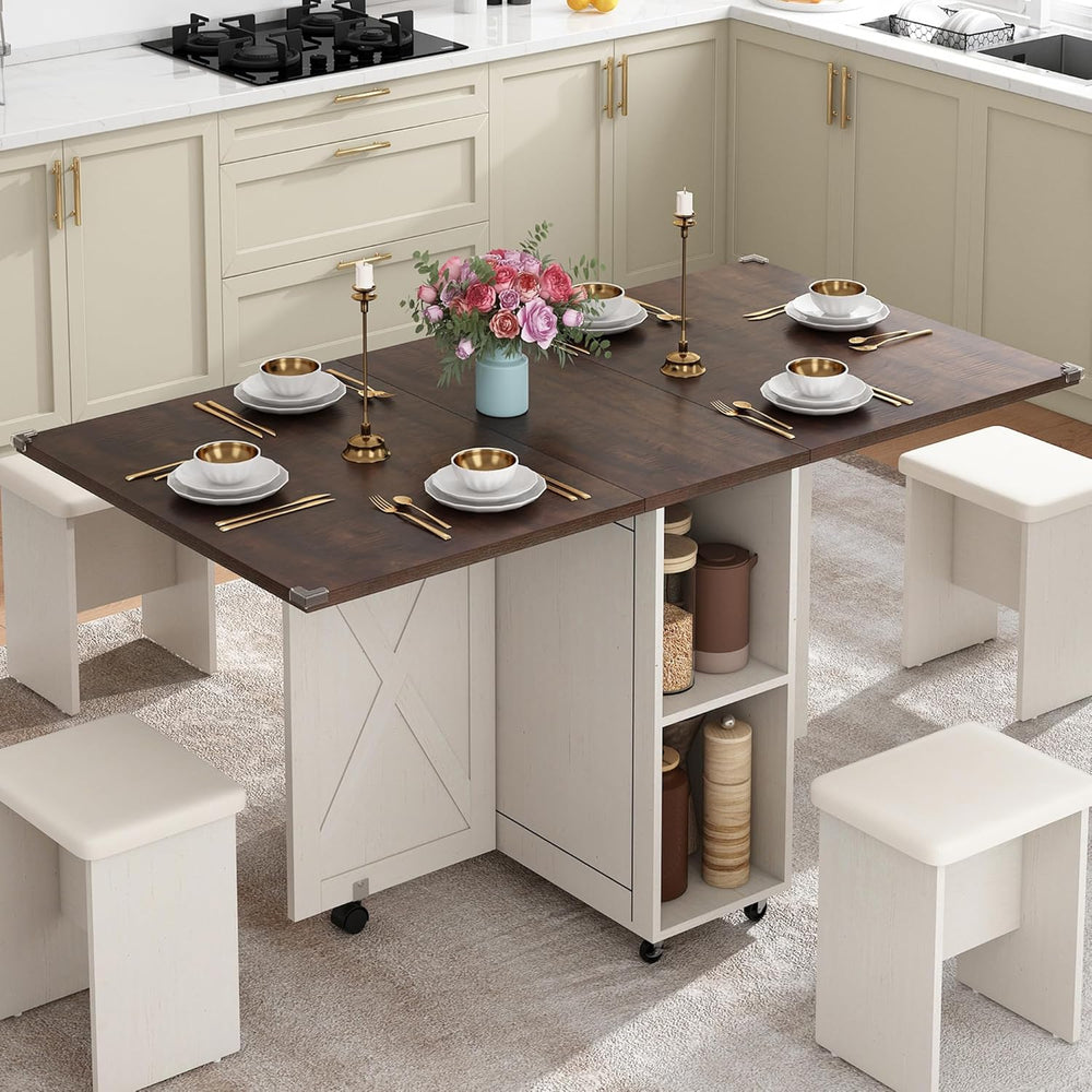 5 PCS Farmhouse Dining Table Set for 4,60" Large Folding Dining Table Se...