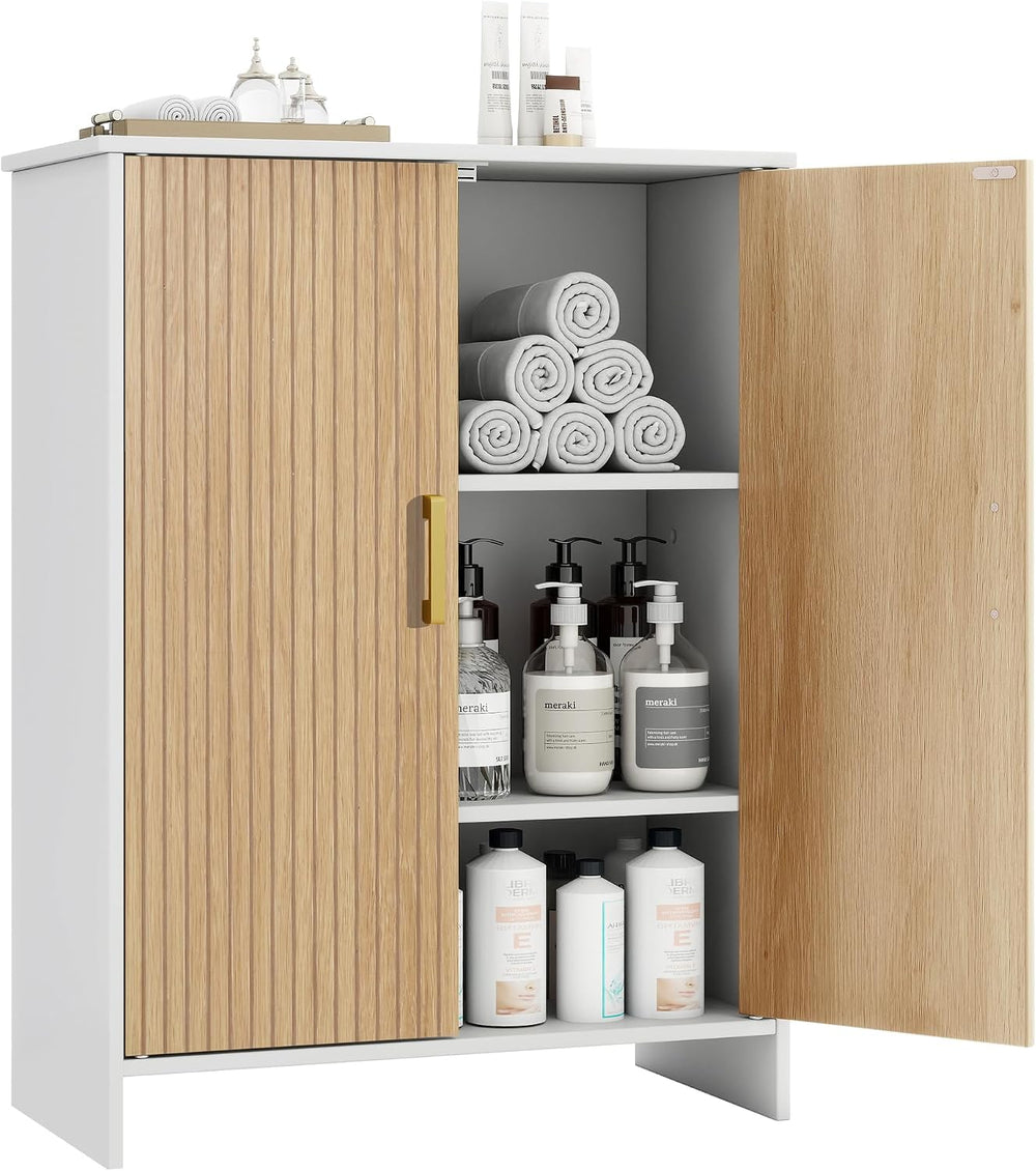 Bathroom Storage Cabinet, Floor Cabinet with 2 Fluted Doors and 2 Adjustable ...