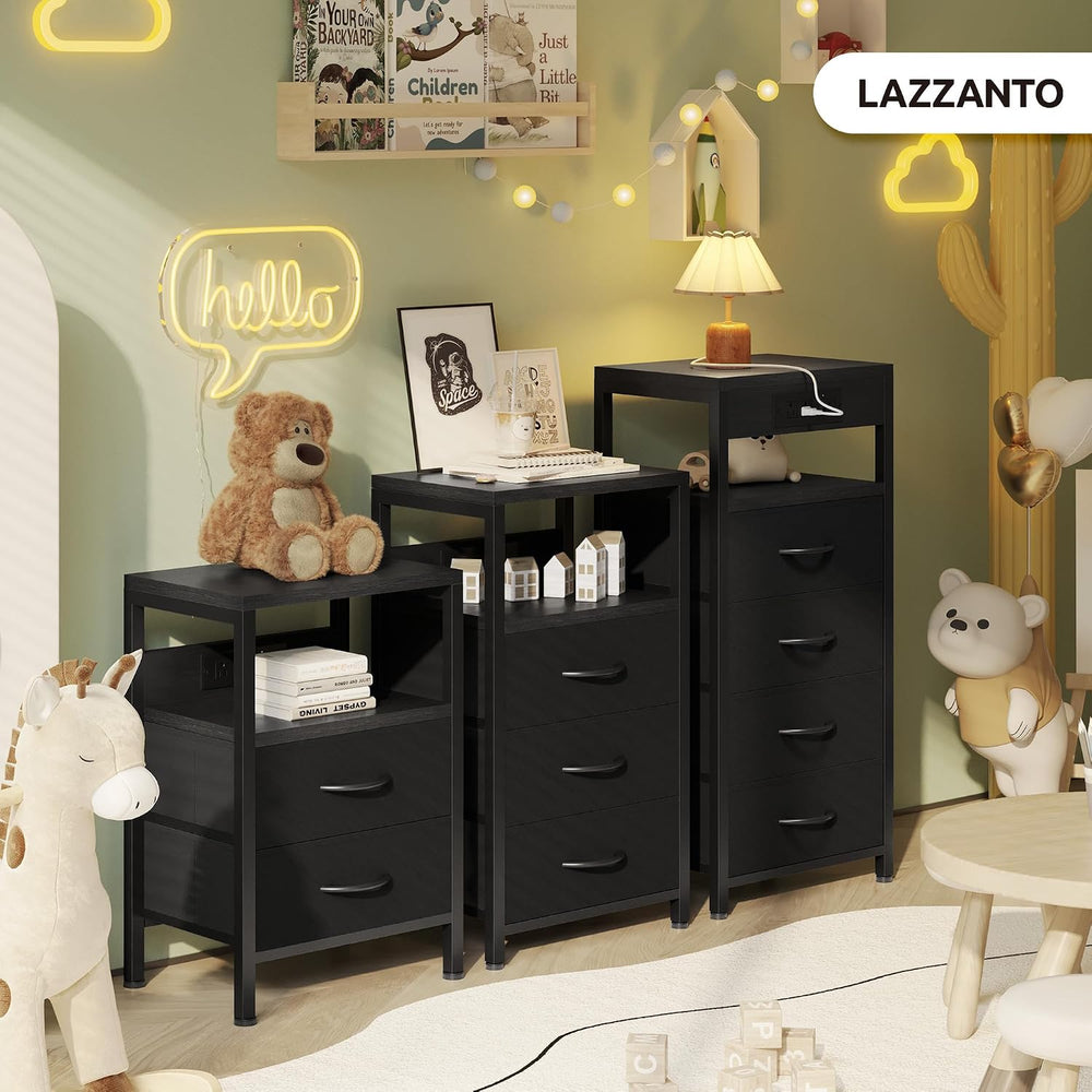 Lazzanto Night Stand with Charger Station for Bedroom, Black Nightstand | Bed...