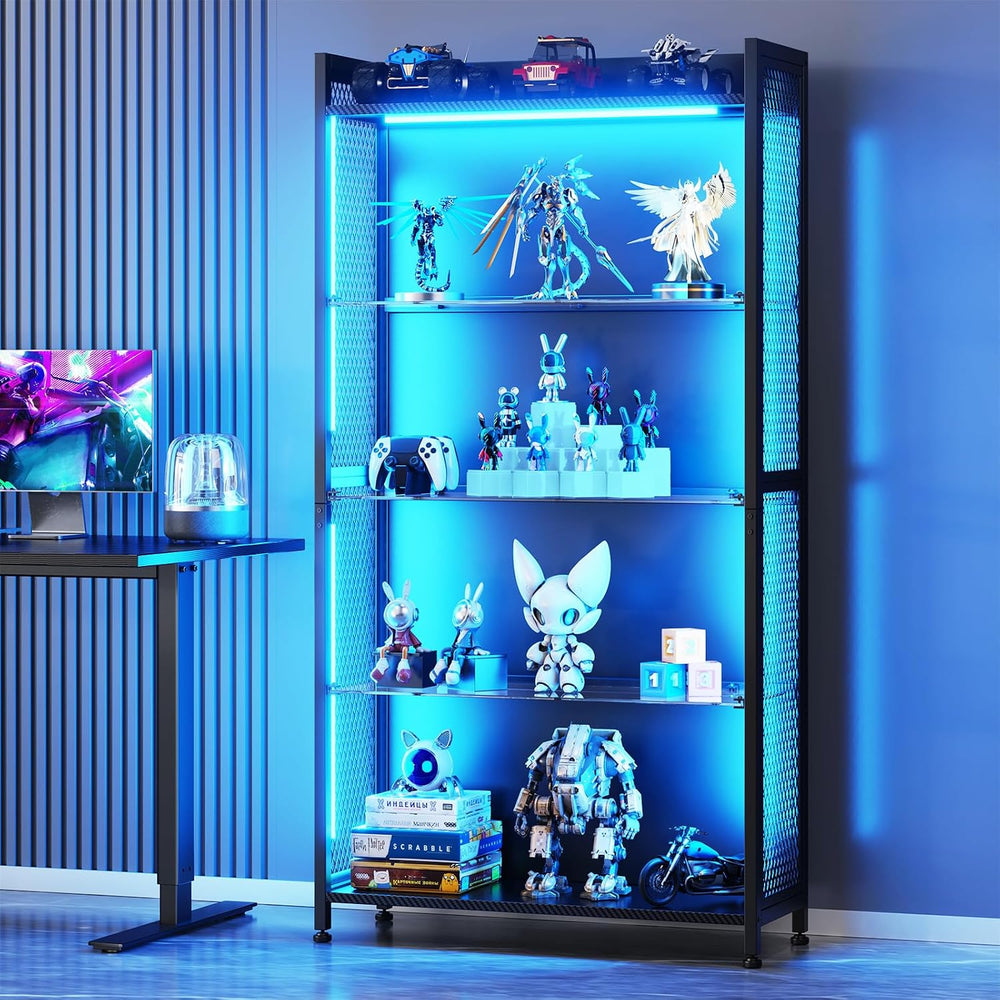 AODK Display Case with Glass Shelves & RGB Lights, 4-Tier Display Cabinet