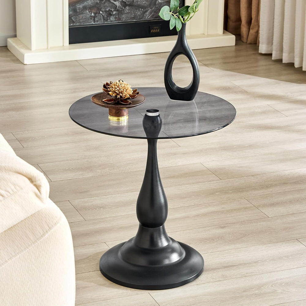 Modern Round Side Table, Gray Glass Top End Table with Black Metal Pedestal B...