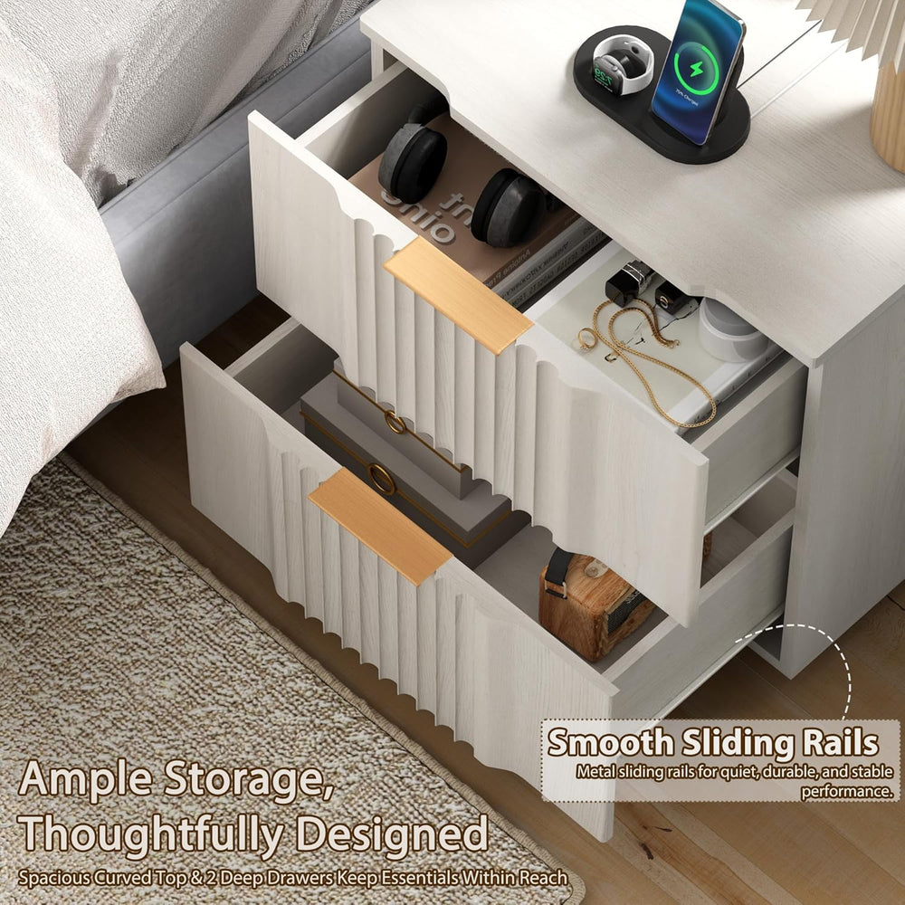 Yechen Fluted Nightstand Set of 2 with Ultra-Fast Charging Station, White | L...