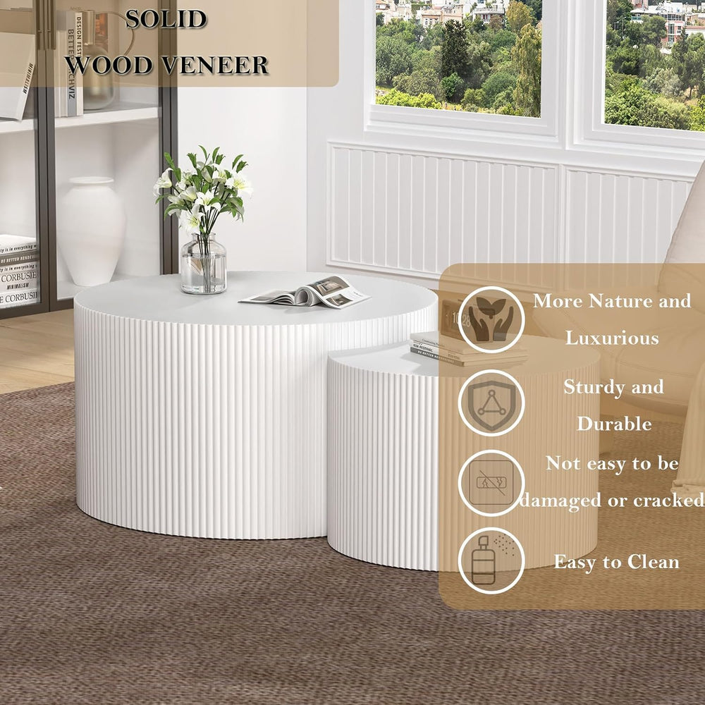 Fluted Round Nesting Coffee Table Set of 2 (AL) | Mid Century Minimalist Circ...