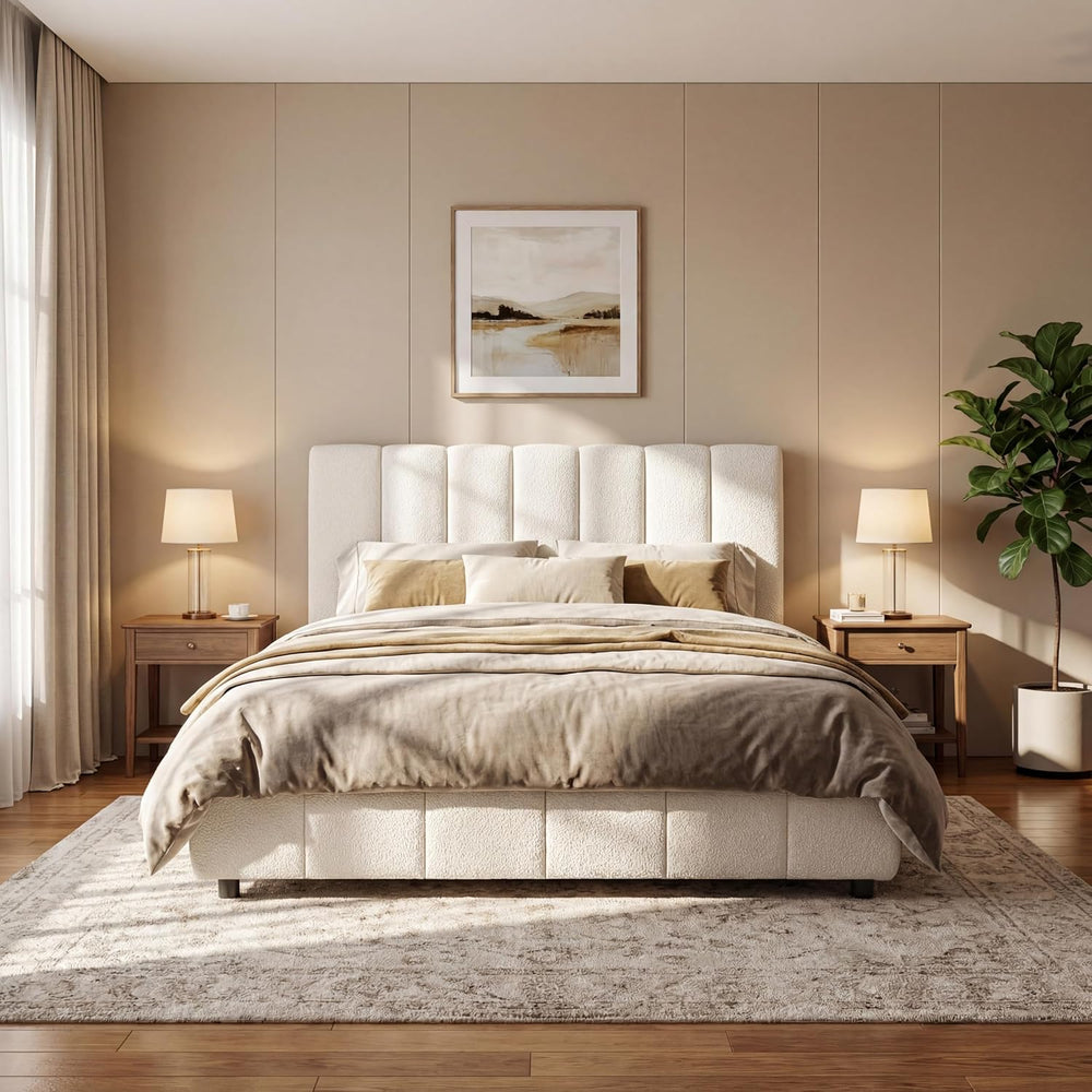 Merax Boucle Upholstered Queen Bed Frame with 42.7" High Headboard &...